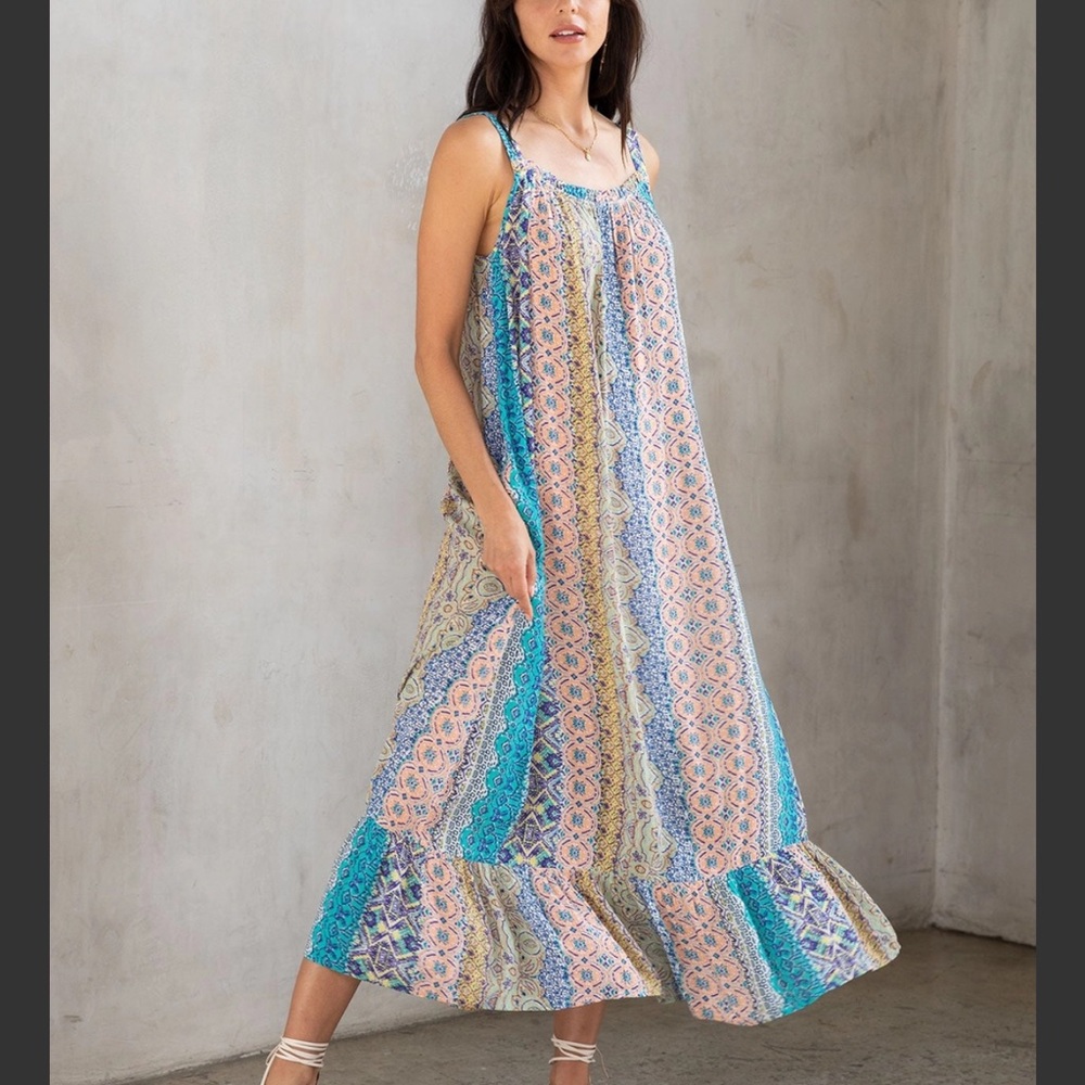 Love Stitch Boho Multi-Color Resort Flowy Tank Maxi Dress Small